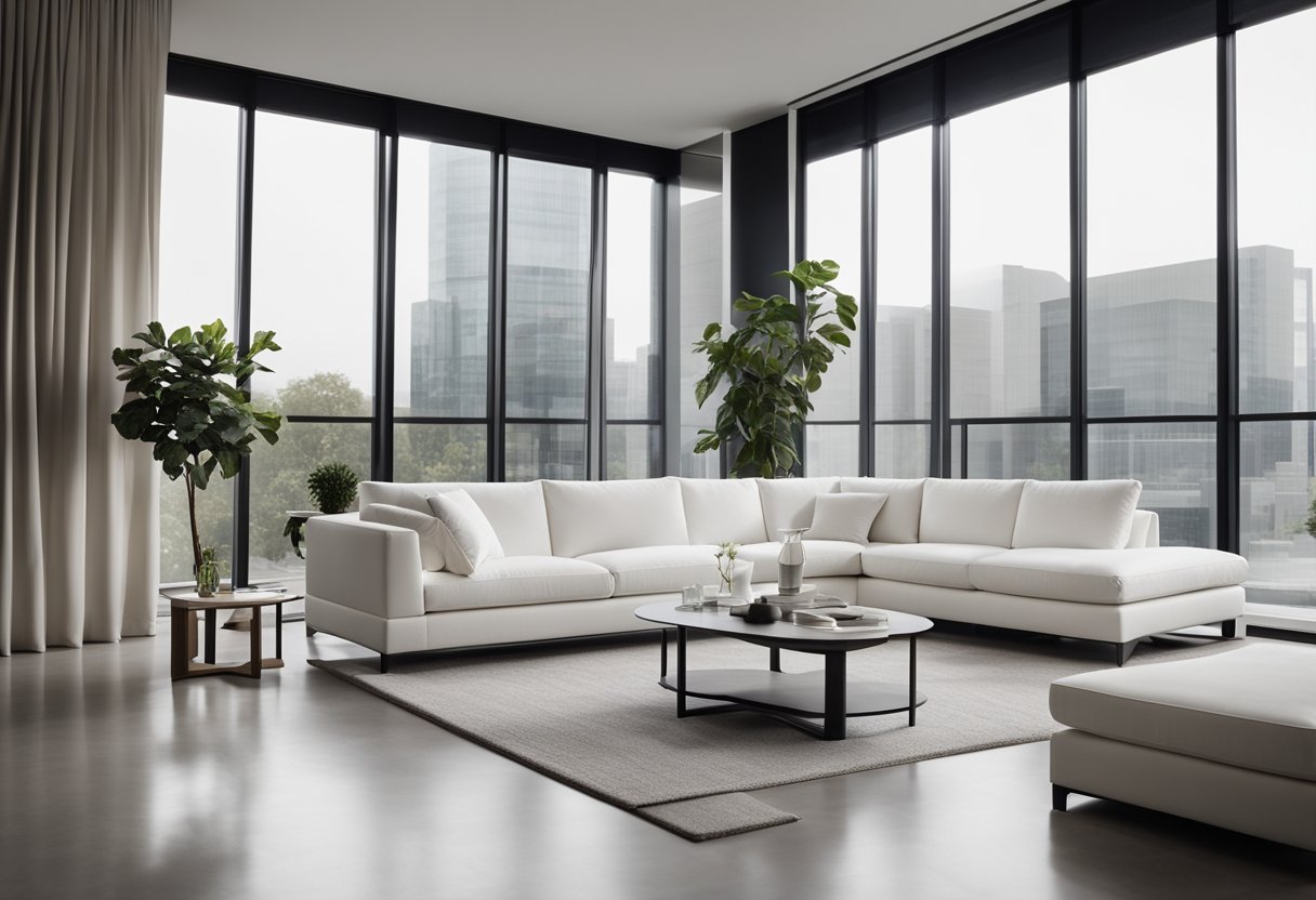 A sleek, white sofa sits against a wall of windows in a spacious, uncluttered living room. A few carefully chosen pieces of furniture and decor add to the minimalist aesthetic