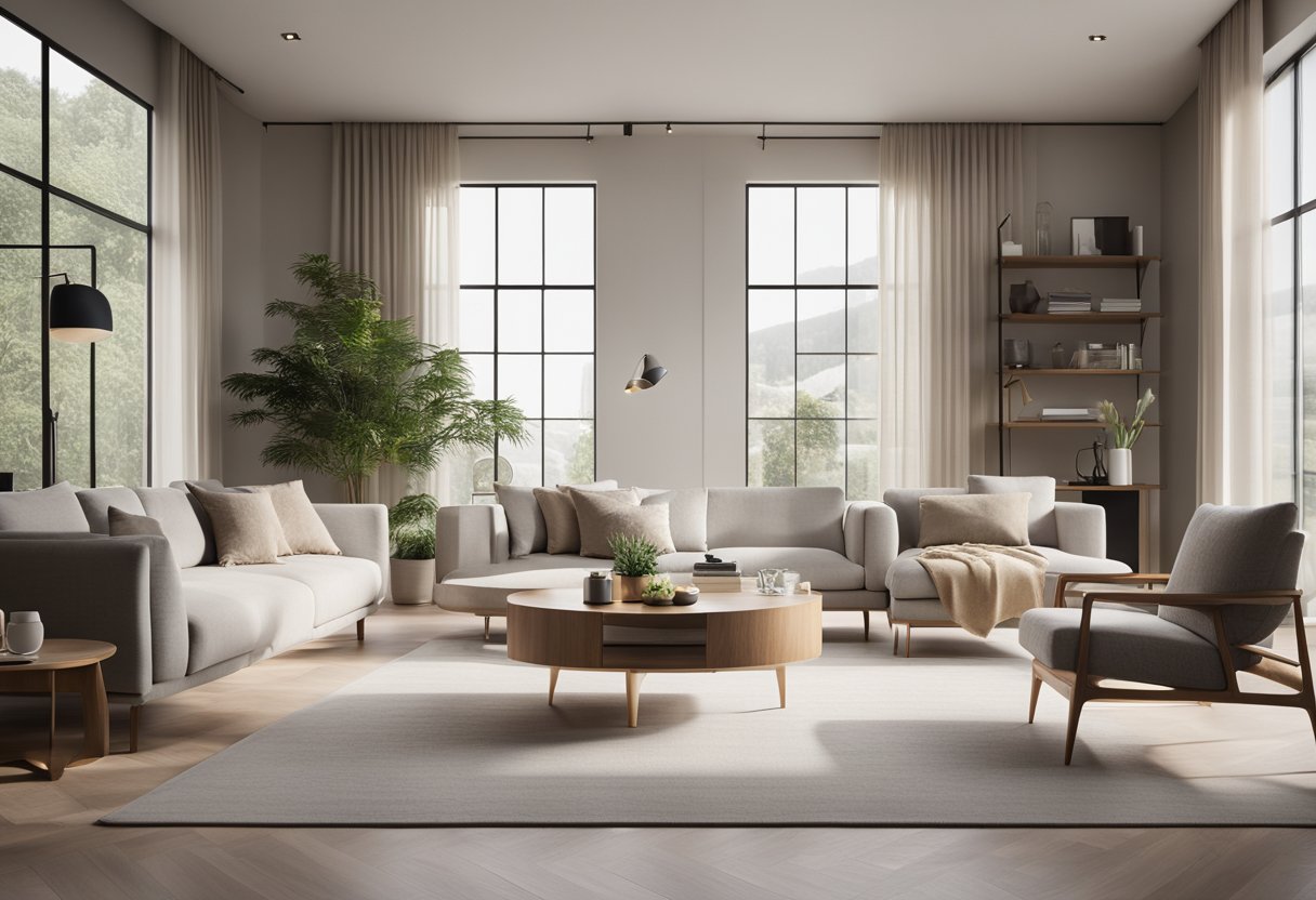 A sleek, open-concept living room with clean lines, neutral colors, and minimal furniture. Large windows allow natural light to fill the space, while a few carefully chosen decor pieces add a touch of warmth and personality