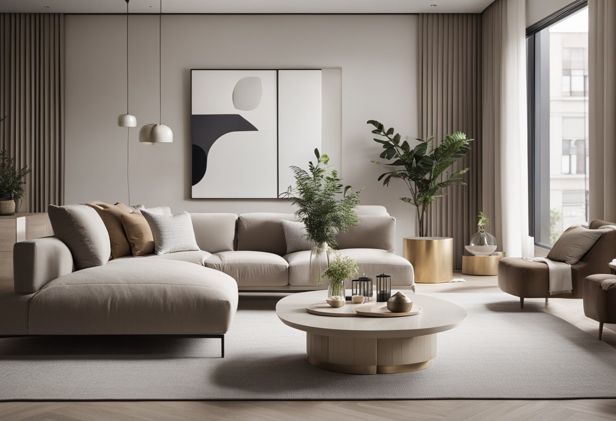 A sleek, modern living room with clean lines, neutral colors, and minimalistic furniture. Simple, geometric shapes and a few carefully chosen accessories complete the look