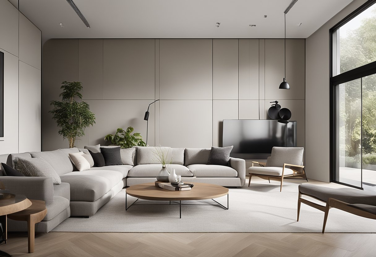 A sleek, open-concept living room with clean lines, neutral colors, and minimal furniture. A large, unadorned wall serves as a focal point, while natural light streams in through floor-to-ceiling windows