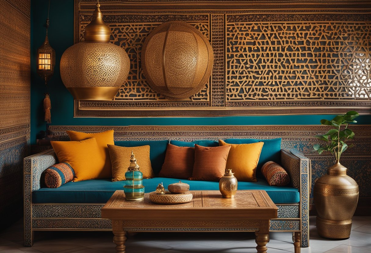 A Moroccan living room: vibrant colors, intricate patterns, ornate furniture, and geometric tiles. A low-slung sofa with plush cushions, a carved coffee table, and a brass lantern casting a warm glow