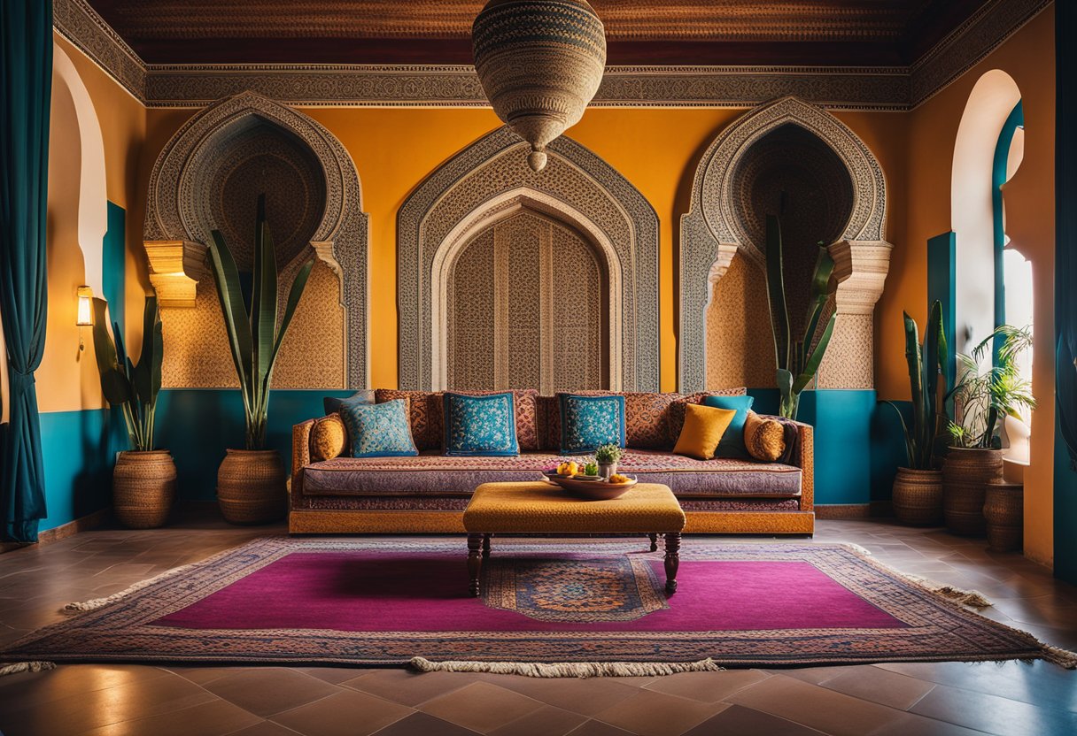 A Moroccan living room with vibrant colors, intricate patterns, and ornate furniture, featuring low sofas, floor cushions, and a central coffee table. Rich textiles, such as rugs and drapes, adorn the space