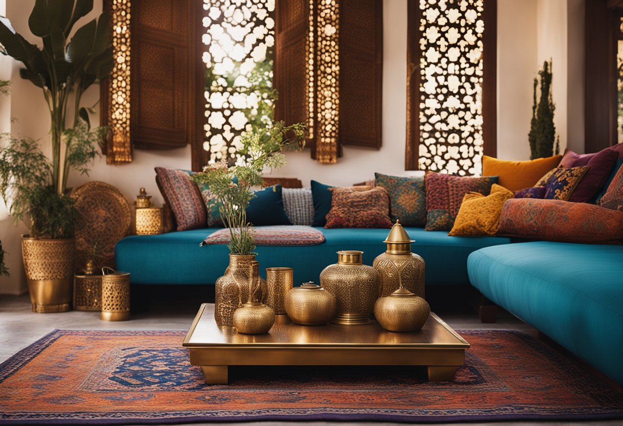 A cozy Moroccan living room with vibrant colors, ornate patterns, and plush cushions. A low-slung coffee table adorned with brass lanterns and a richly patterned rug completes the inviting ambiance