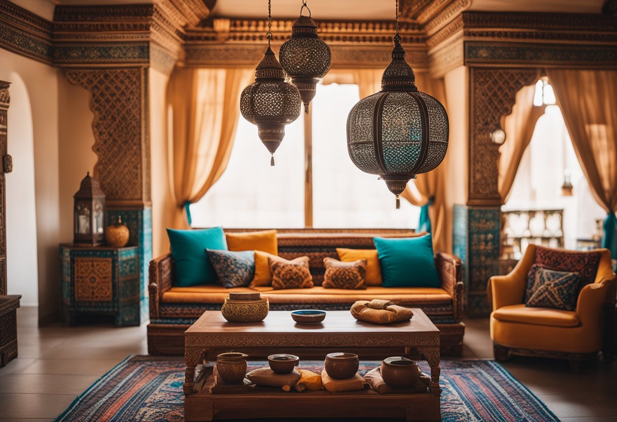 A cozy Moroccan living room with vibrant colors, intricate patterns, and ornate furniture. A low-slung sofa with plush cushions, a carved coffee table, and hanging lanterns create a warm and inviting atmosphere