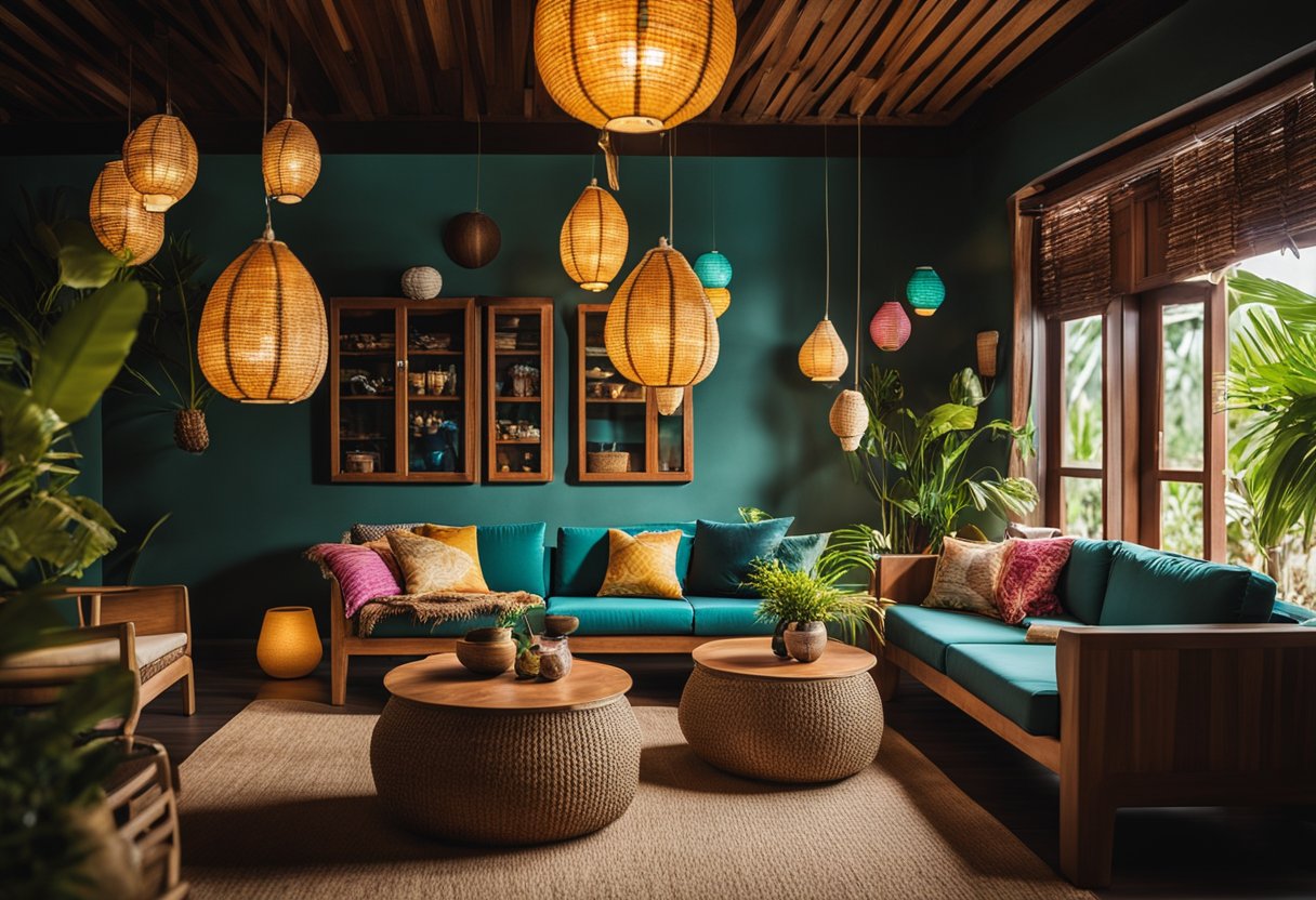 A cozy Pinoy living room with wooden furniture, colorful woven textiles, and decorative capiz shell lanterns hanging from the ceiling