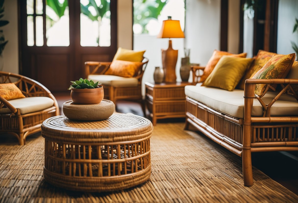 A cozy Pinoy living room with bamboo furniture, capiz shell decor, and vibrant colors. A woven banig rug and wooden sala set complete the traditional Filipino aesthetic