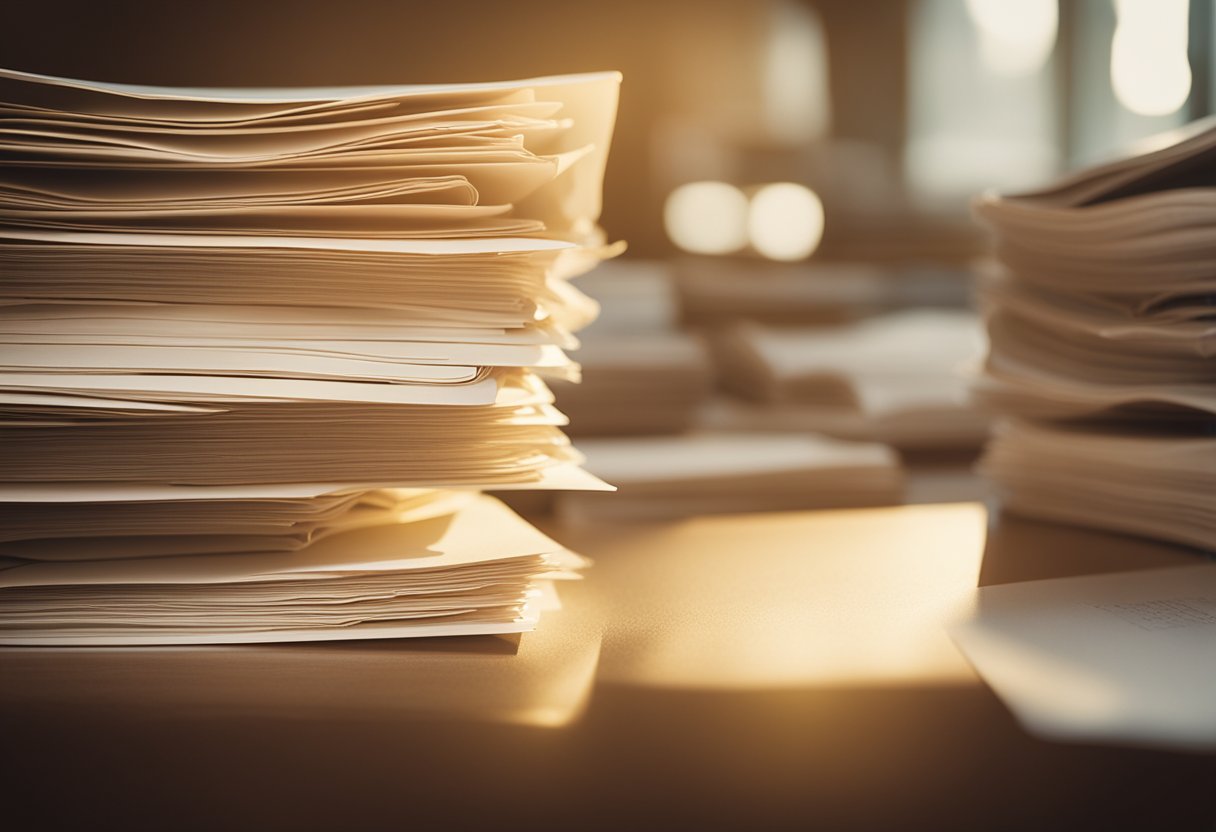 A stack of papers marked "Paid in Full" sits on a desk, surrounded by empty folders and a closed ledger. The room is bathed in warm, golden light, signaling the sense of completion and satisfaction