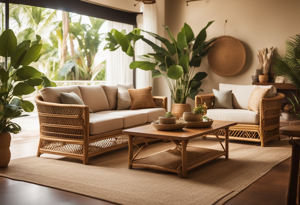 A warm, earthy-toned living room with rattan furniture, woven textiles, and tropical plants. Soft lighting and cozy accents create a welcoming atmosphere