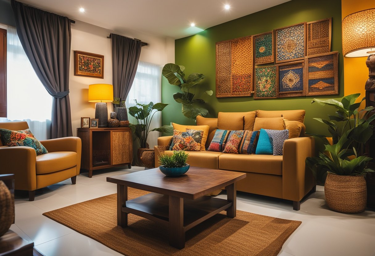 A cozy Pinoy living room with traditional wooden furniture, colorful woven textiles, and a vibrant accent wall adorned with local artwork and decor