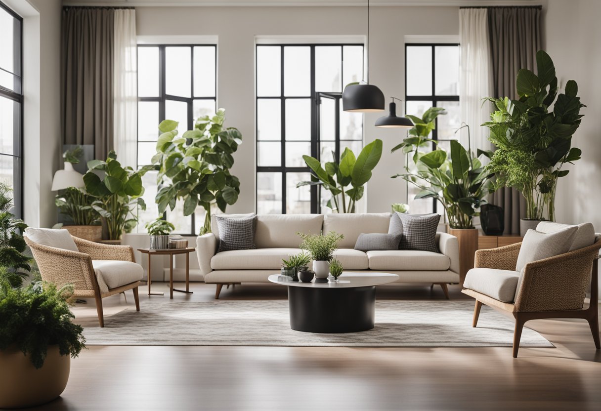 A modern living room with sleek furniture, neutral colors, and geometric patterns. Large windows let in natural light, while potted plants add a touch of greenery