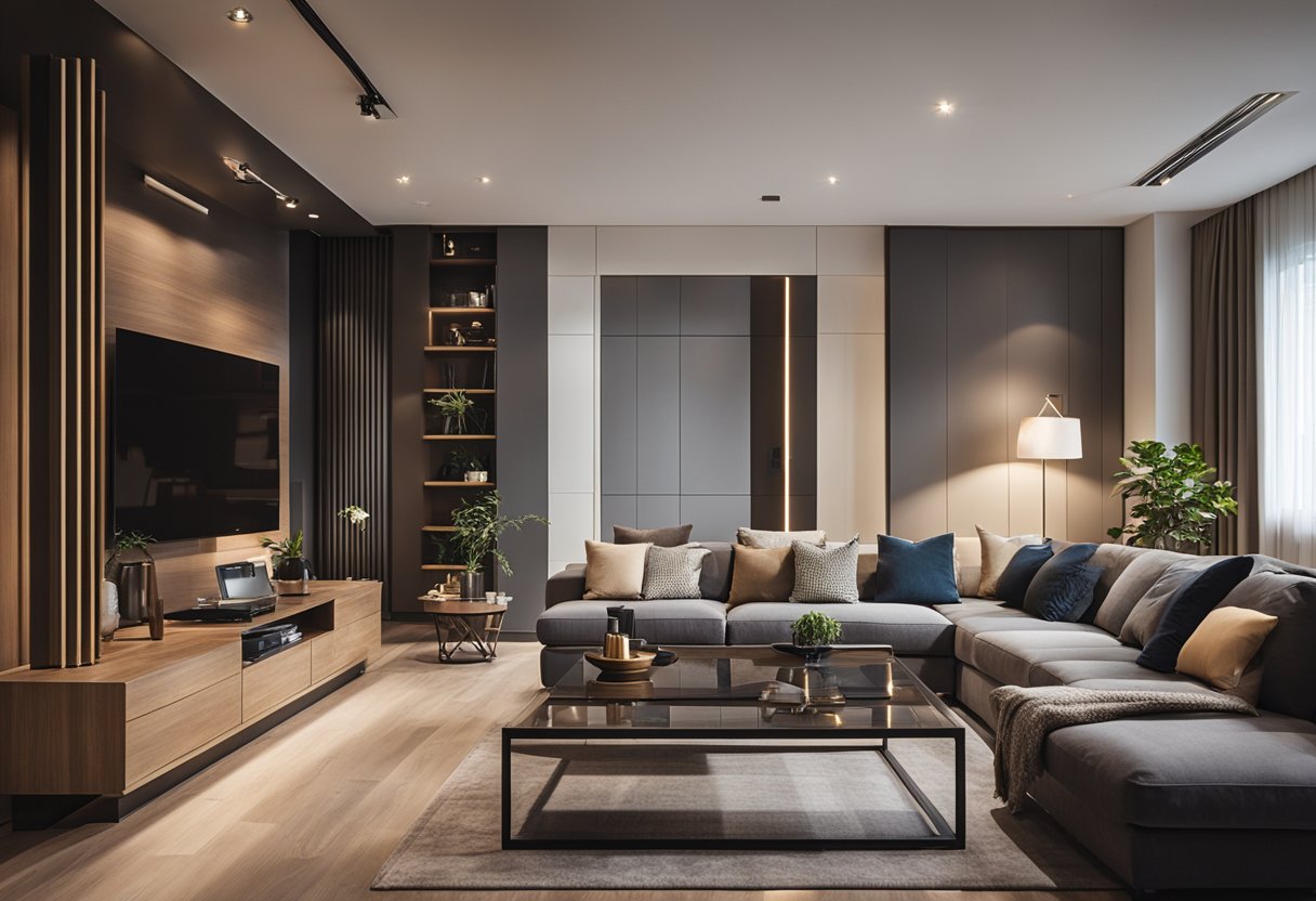 A spacious living room with modern furniture arranged in a cozy and inviting layout. Warm lighting and stylish decor complete the showroom design