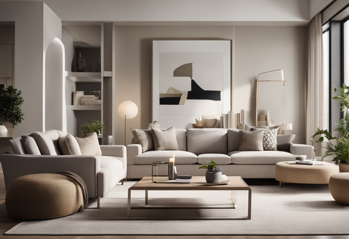 A modern living room with sleek furniture, large windows, and a neutral color palette. A cozy rug and decorative accents add warmth and personality to the space