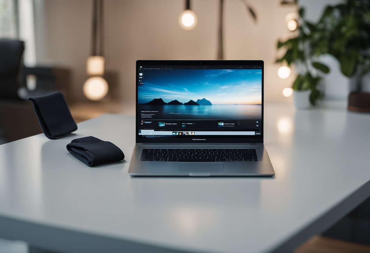 A laptop screen sits on a clean, flat surface. A microfiber cloth and screen cleaning solution are nearby, ready for use