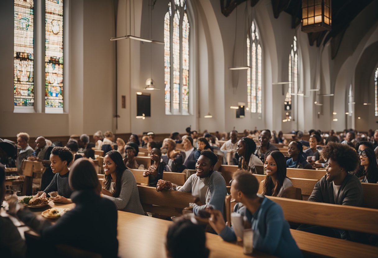 A group of people gather in a church, engaging in teaching, fellowship, and sharing meals, creating a strong and vibrant community