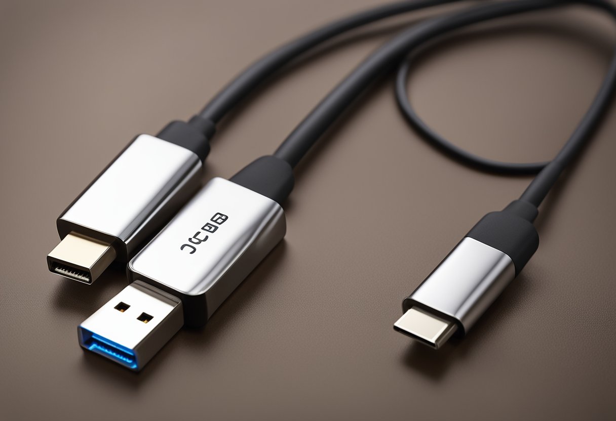 A USB-A and USB-C cable lay side by side, showcasing their different sizes and shapes. The USB-A is larger with a rectangular shape, while the USB-C is smaller and has an oval shape with rounded edges