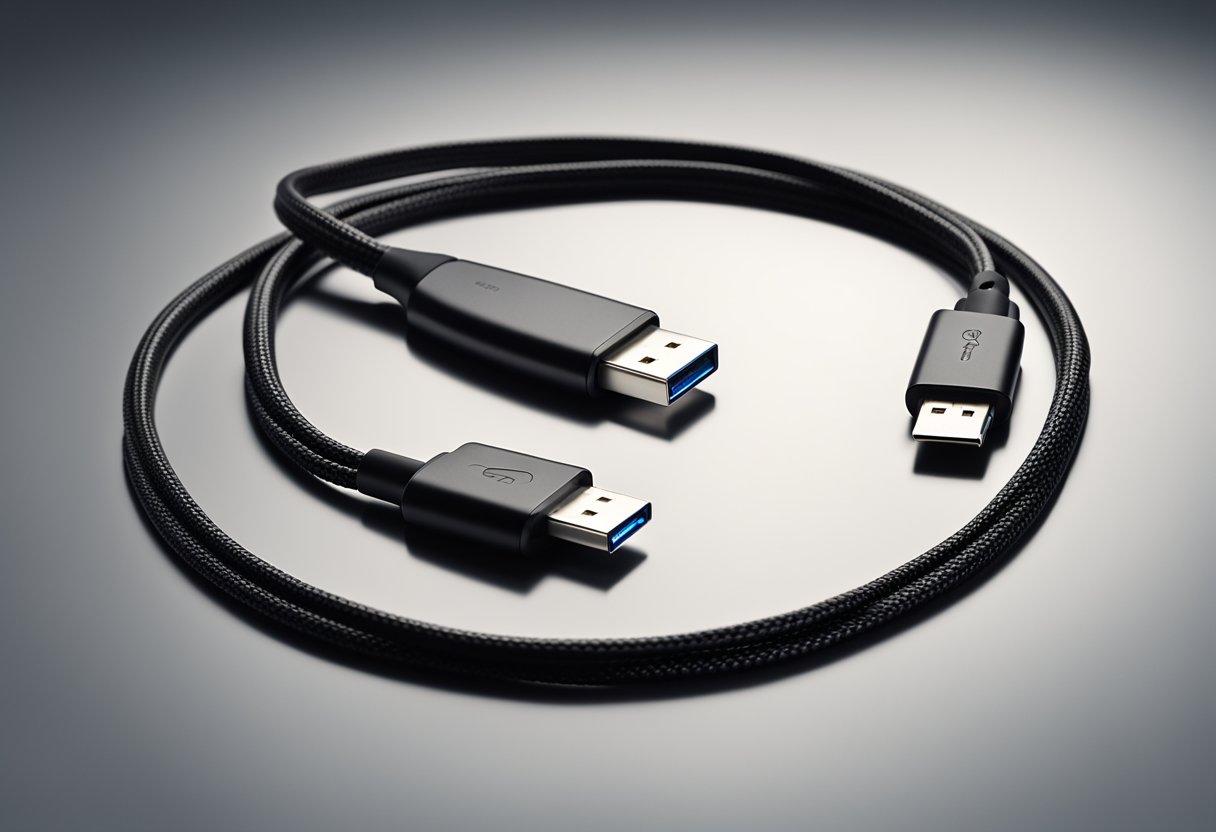 A USB-A and USB-C cable lie side by side, showcasing their different shapes and sizes. The USB-A has a rectangular shape with a wider end, while the USB-C is smaller and has an oval shape with no visible end