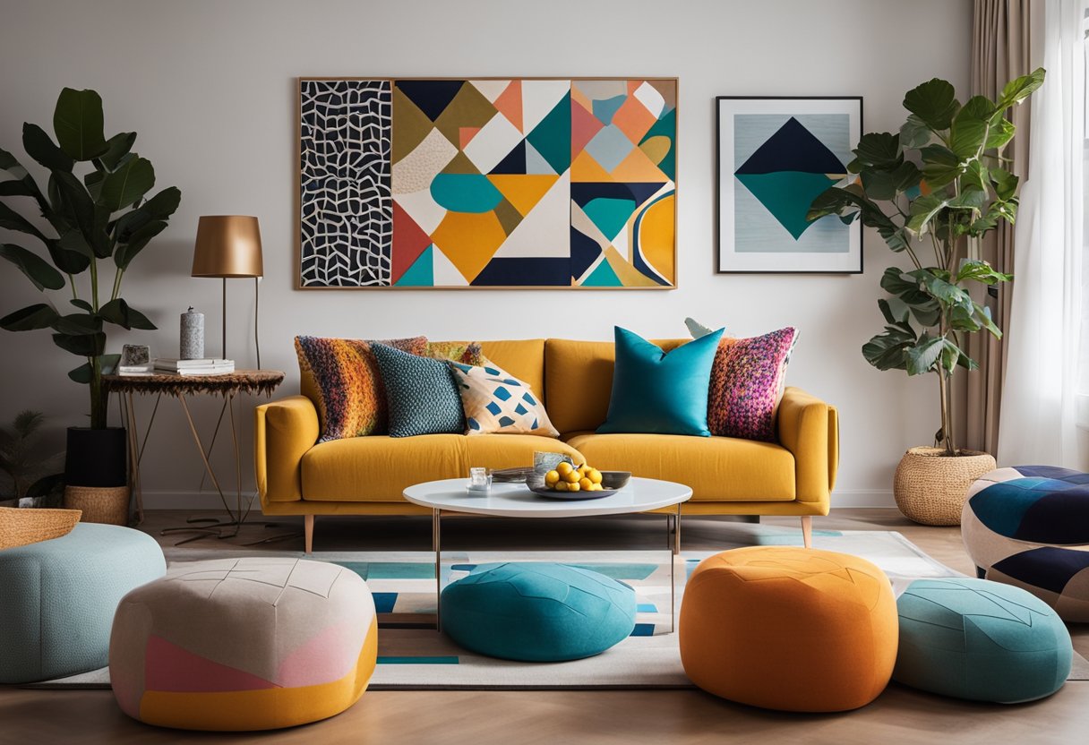 A cozy living room with bright, geometric patterns on throw pillows, a colorful rug, and abstract art on the walls. Simple, clean lines and bold colors create a modern pop design
