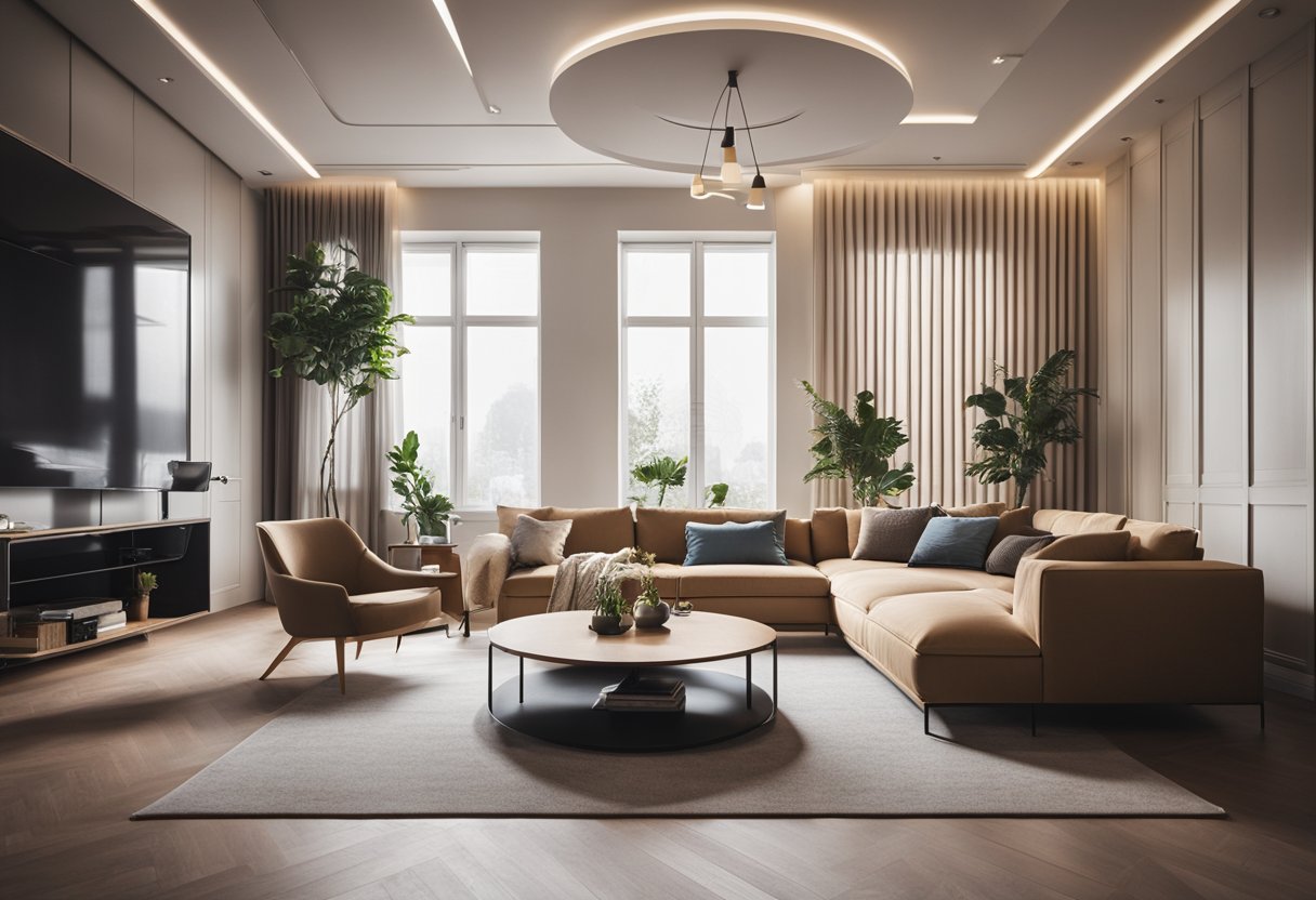 A cozy living room with a minimalist pop design on the ceiling, featuring clean lines and subtle geometric shapes