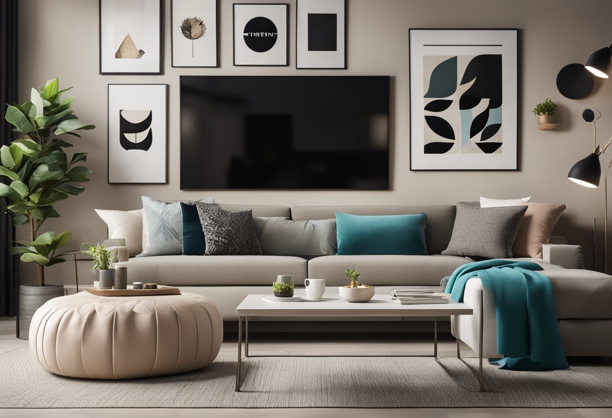 A living room with simple pop designs, including decorative wall art, colorful throw pillows, and a sleek coffee table