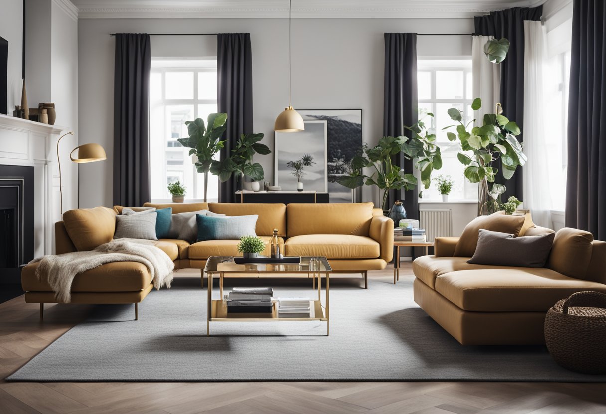 A cozy living room with modern furniture and minimalistic decor. Bright colors and clean lines create a welcoming and stylish atmosphere