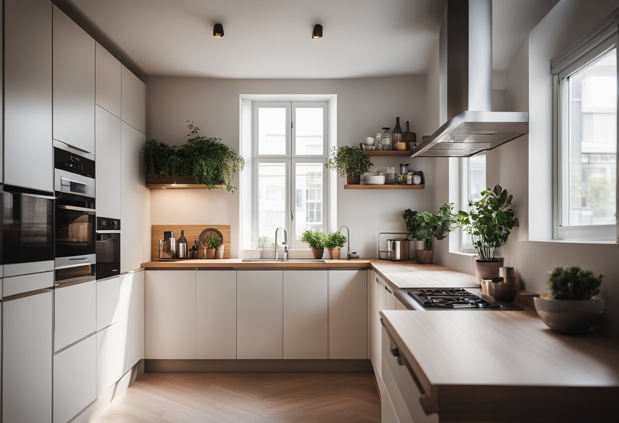 A cozy, compact kitchen opens into a living room, with minimalistic decor and natural light streaming in from large windows