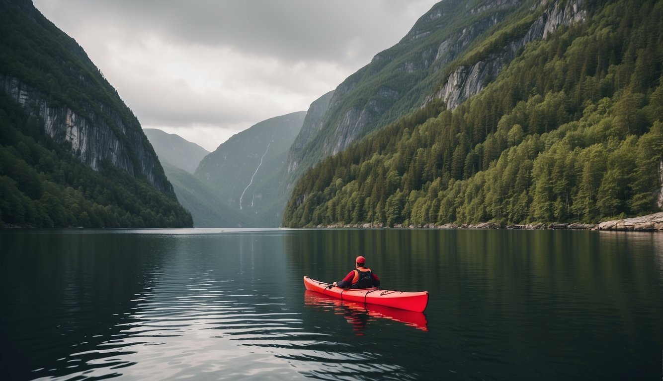 A red kayak glides through the serene waters of a fjord near Bergen, with towering cliffs and lush greenery in the background