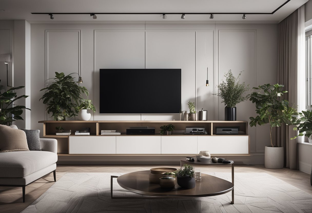 A modern living room with sleek TV shelves against a white wall, with integrated lighting and minimalistic decor