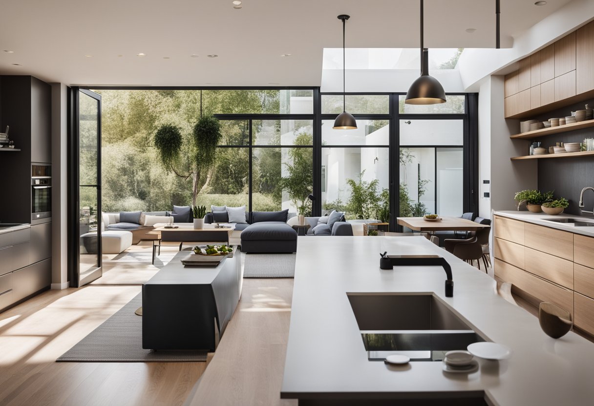 A cozy open kitchen flows into a bright living room with modern furnishings. Natural light streams in from large windows, highlighting the sleek, minimalist design