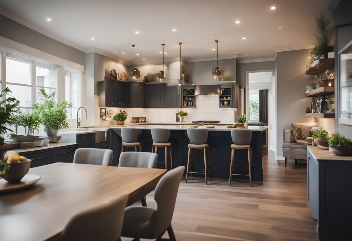A cozy open kitchen and living room blend together with separate areas for cooking and lounging, creating a harmonious yet distinct space