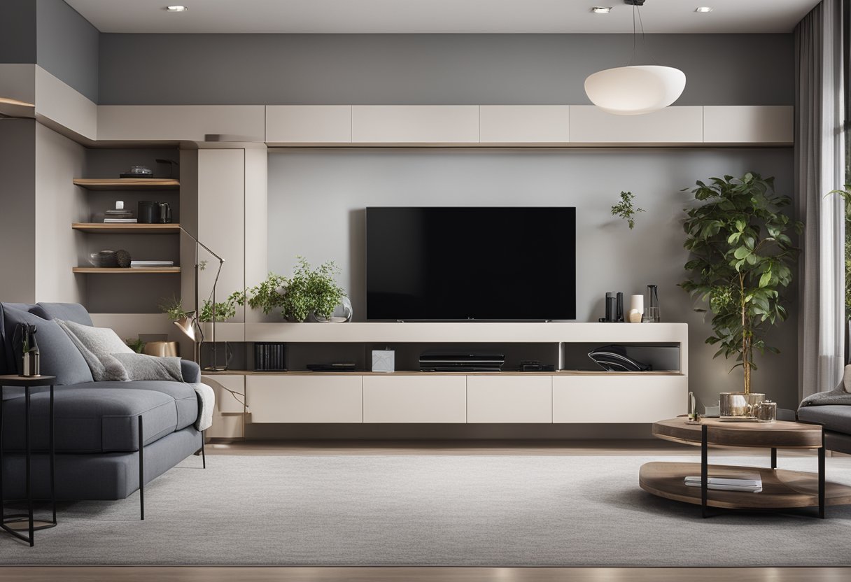 A modern living room with sleek, wall-mounted TV shelves, maximizing functionality with clean lines and ample storage space