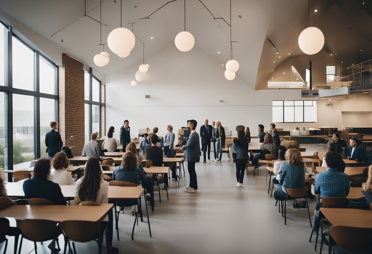 A modern church with teaching, fellowship, and meals. A gathering of people in a welcoming space, engaging in conversation and learning together