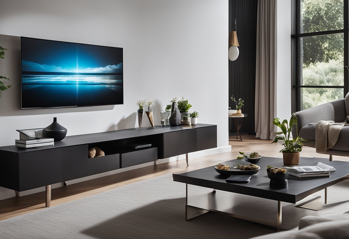 A modern living room with sleek, floating TV shelves, neatly organized with various electronic devices and decorative items