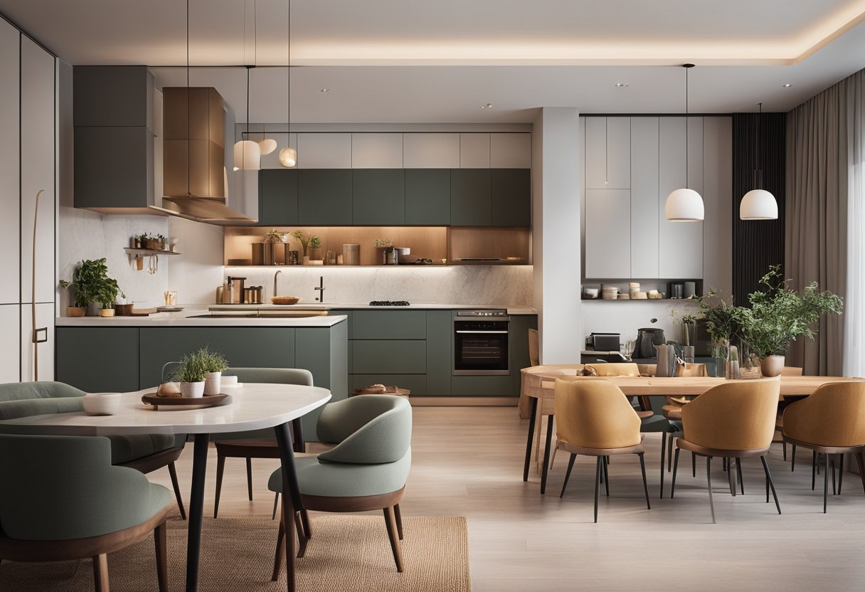 A cozy open kitchen and living room with minimalistic design, featuring a small dining area, sleek appliances, and a warm color palette