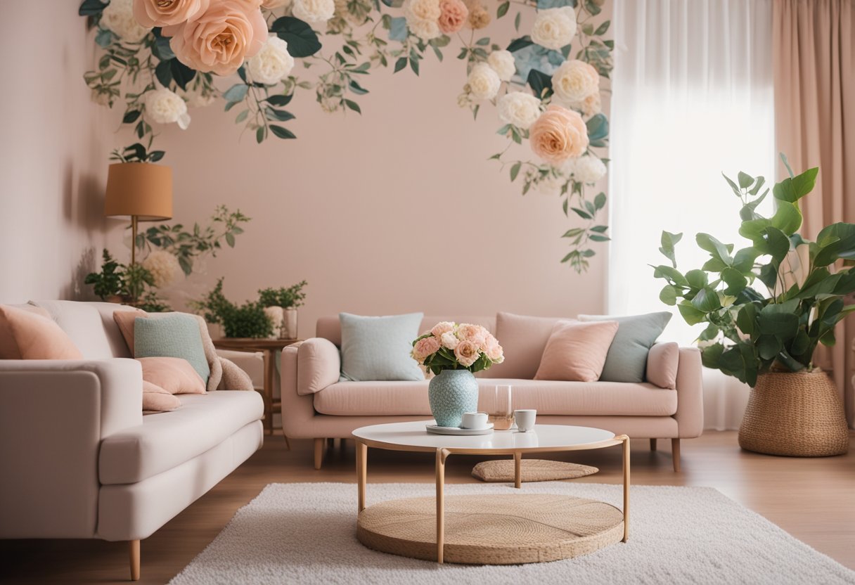 A small living room with floral wallpaper in soft pastel colors, featuring a cozy sofa, coffee table, and a warm, inviting atmosphere
