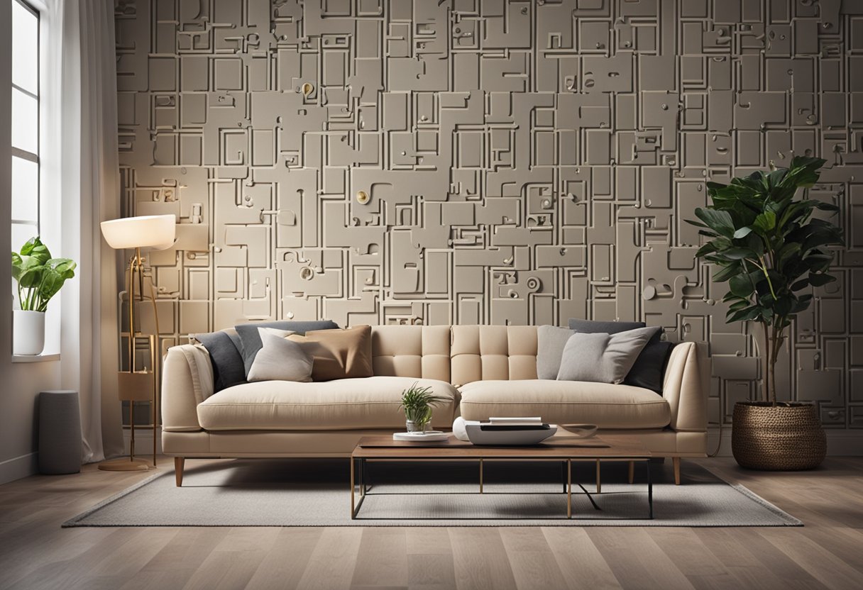A cozy living room with a feature wall covered in a repeating pattern of "Frequently Asked Questions" text. The room is small, with a comfortable sofa and a few decorative accents