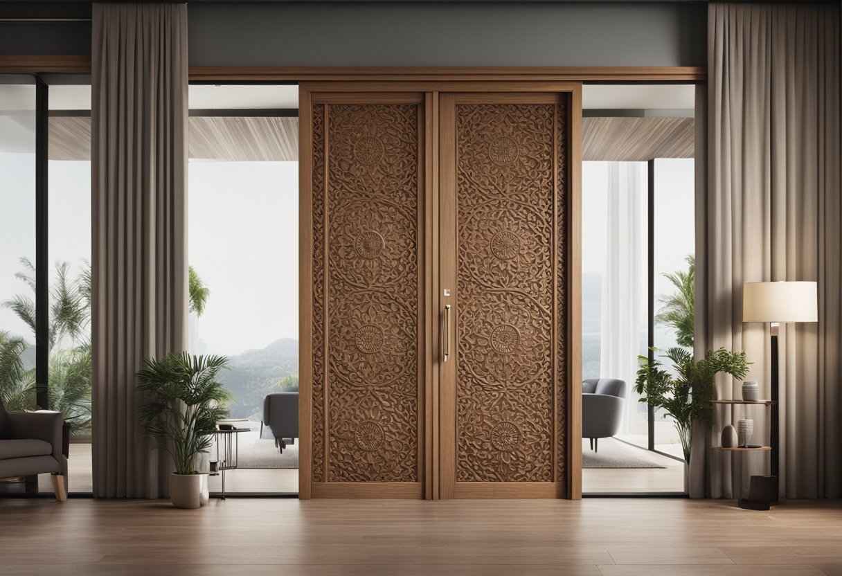 A wooden sliding door separates the living room, featuring intricate carvings and a sleek, modern design