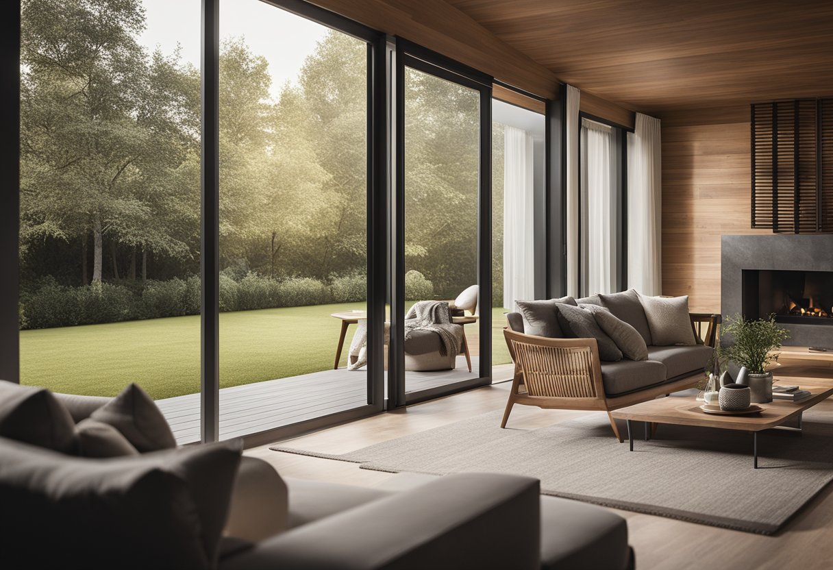 A cozy living room with a large wooden sliding door, letting in natural light and providing a seamless connection to the outdoor space