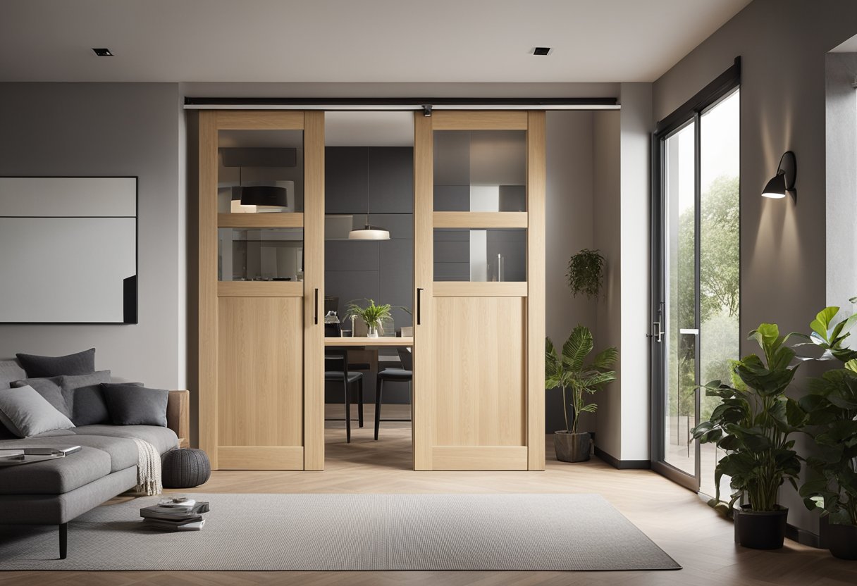 A carpenter installs a wooden sliding door in a modern living room. The door features sleek, minimalist design and smoothly glides open and closed