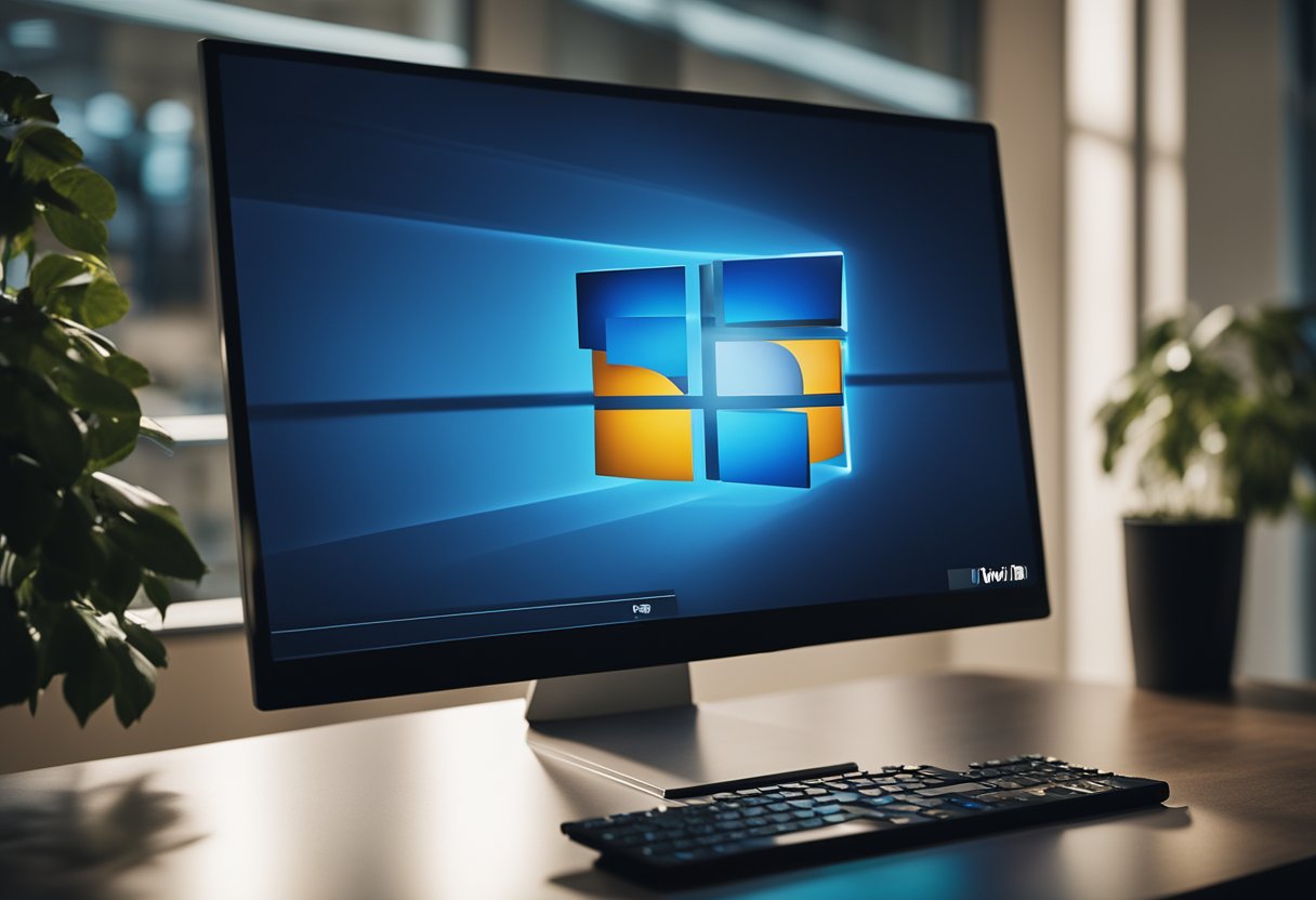 A computer screen displaying the Windows 11 logo with a progress bar, while a mouse clicks on a "Download" button