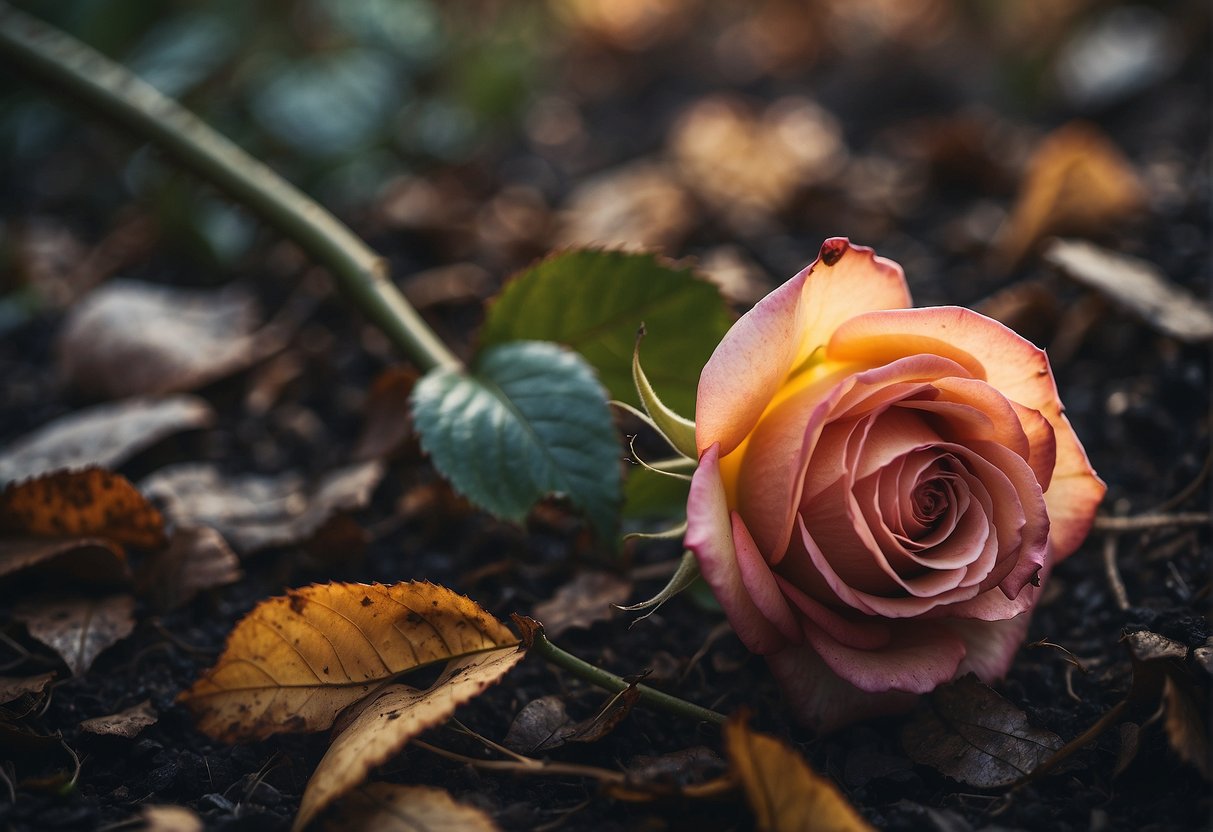 A wilted rose lies beneath a shadowy spade, surrounded by fallen leaves and a sense of decay