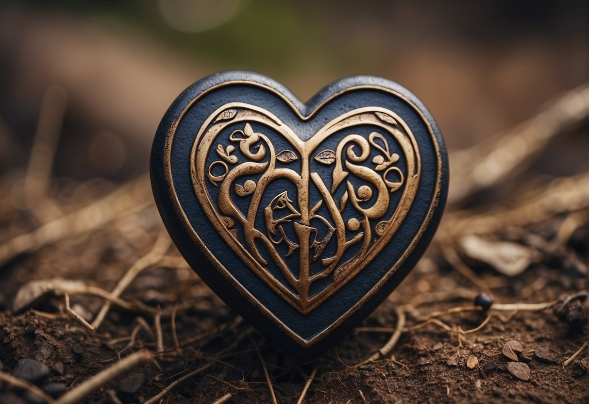 A heart pierced by a spade, surrounded by symbols of love and relationships