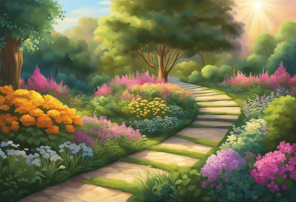 A serene garden with a path leading towards a glowing, golden light. Surrounding the path are vibrant flowers and lush greenery, creating a sense of abundance and prosperity