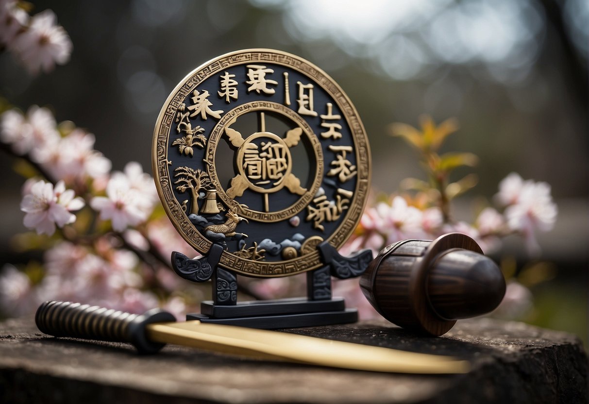 A display of traditional samurai symbols, including the katana sword, cherry blossom emblem, and armor, representing the historical significance of the samurai culture