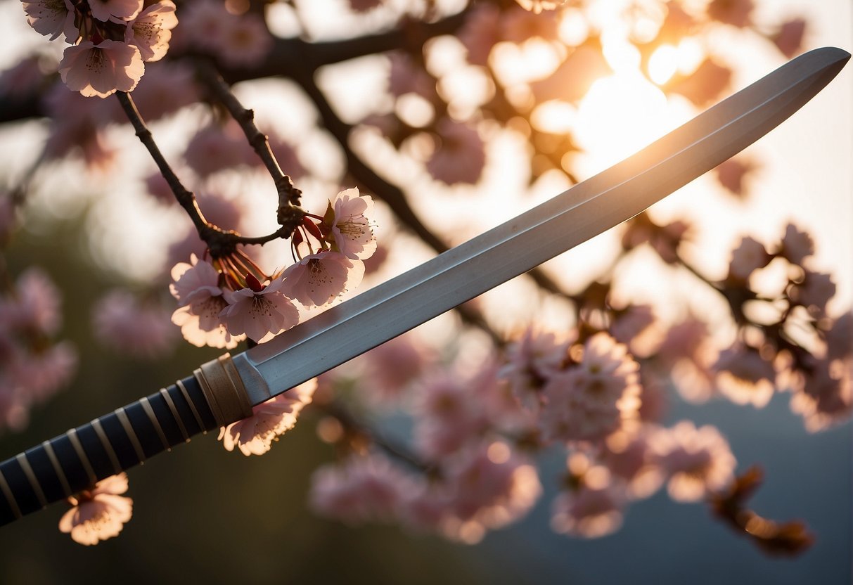A katana and a cherry blossom tree against a backdrop of a rising sun