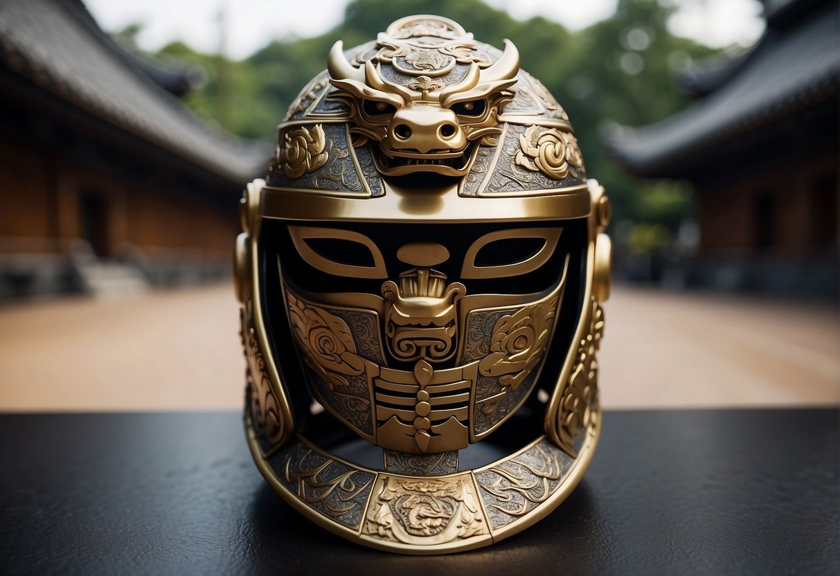 A samurai helmet adorned with dragon motifs, symbolizing power and strength, rests on a lacquered armor set featuring intricate family crests and protective symbols