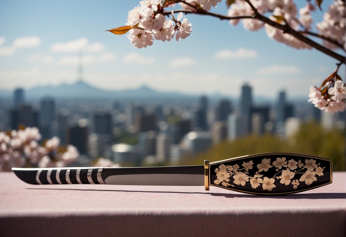 A sleek, metallic katana rests on a bed of cherry blossoms, with a modern skyline in the background, symbolizing the enduring legacy of the samurai in contemporary society