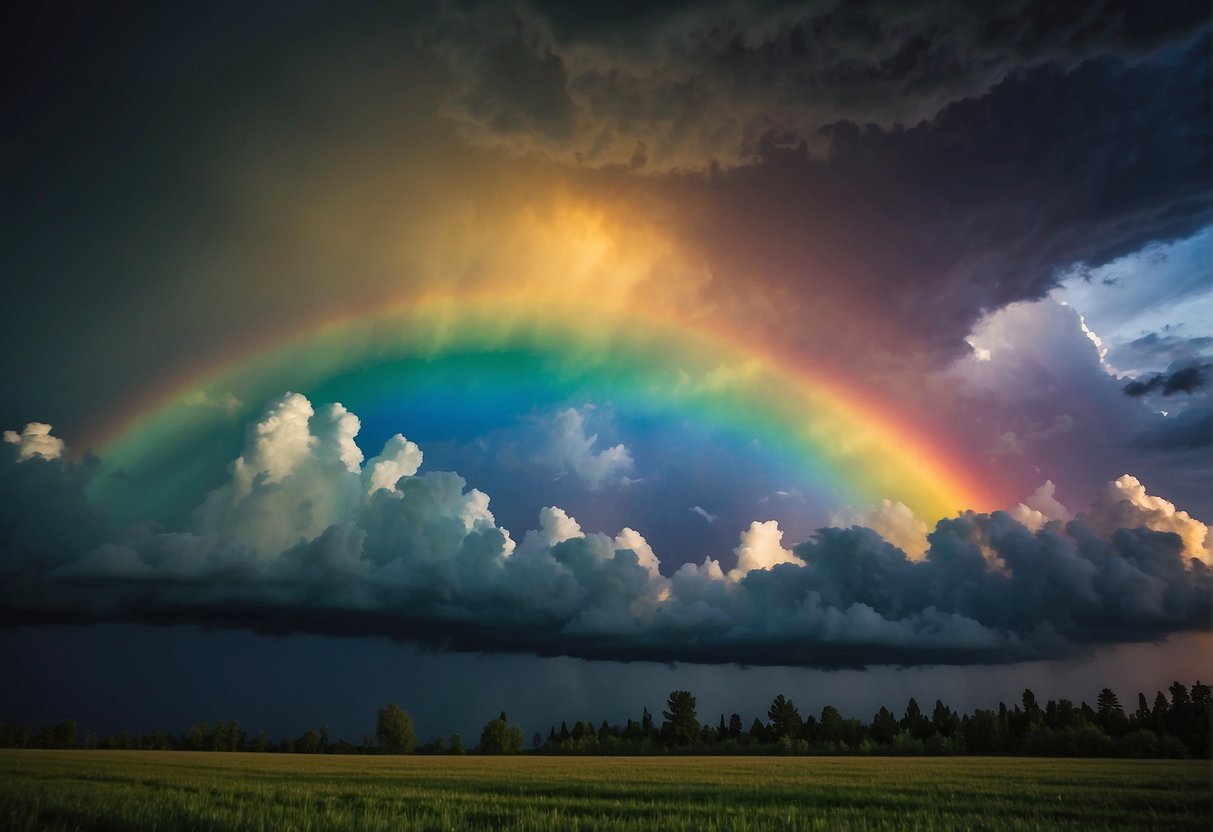 A dark storm cloud transforms into a vibrant rainbow, symbolizing the change from negative traits to positive attitudes