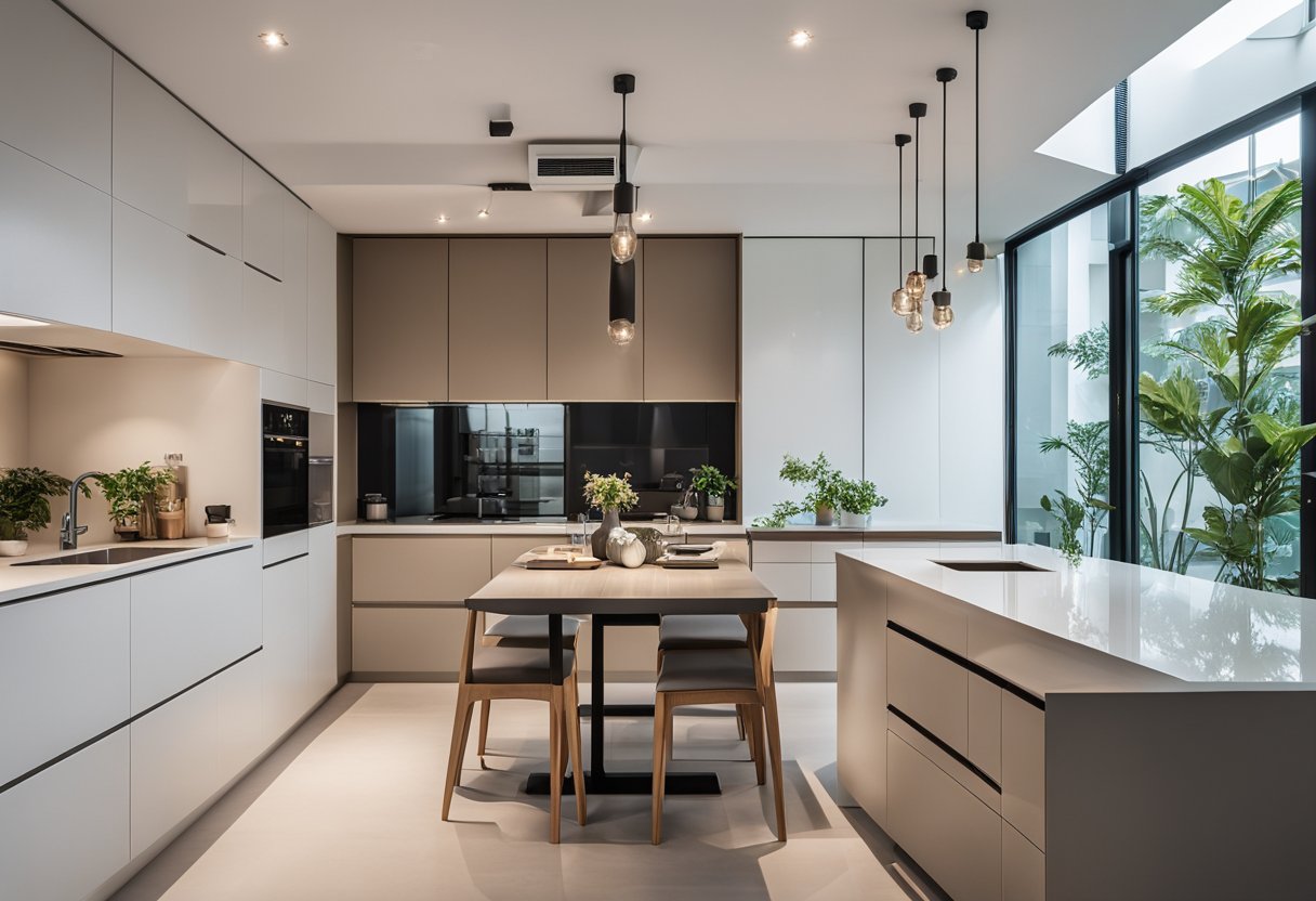 A spacious 4-room HDB flat with modern, minimalist design. Light, neutral colors, sleek furniture, and plenty of natural light. Open-concept kitchen with a large island. Stylish bathroom with contemporary fixtures