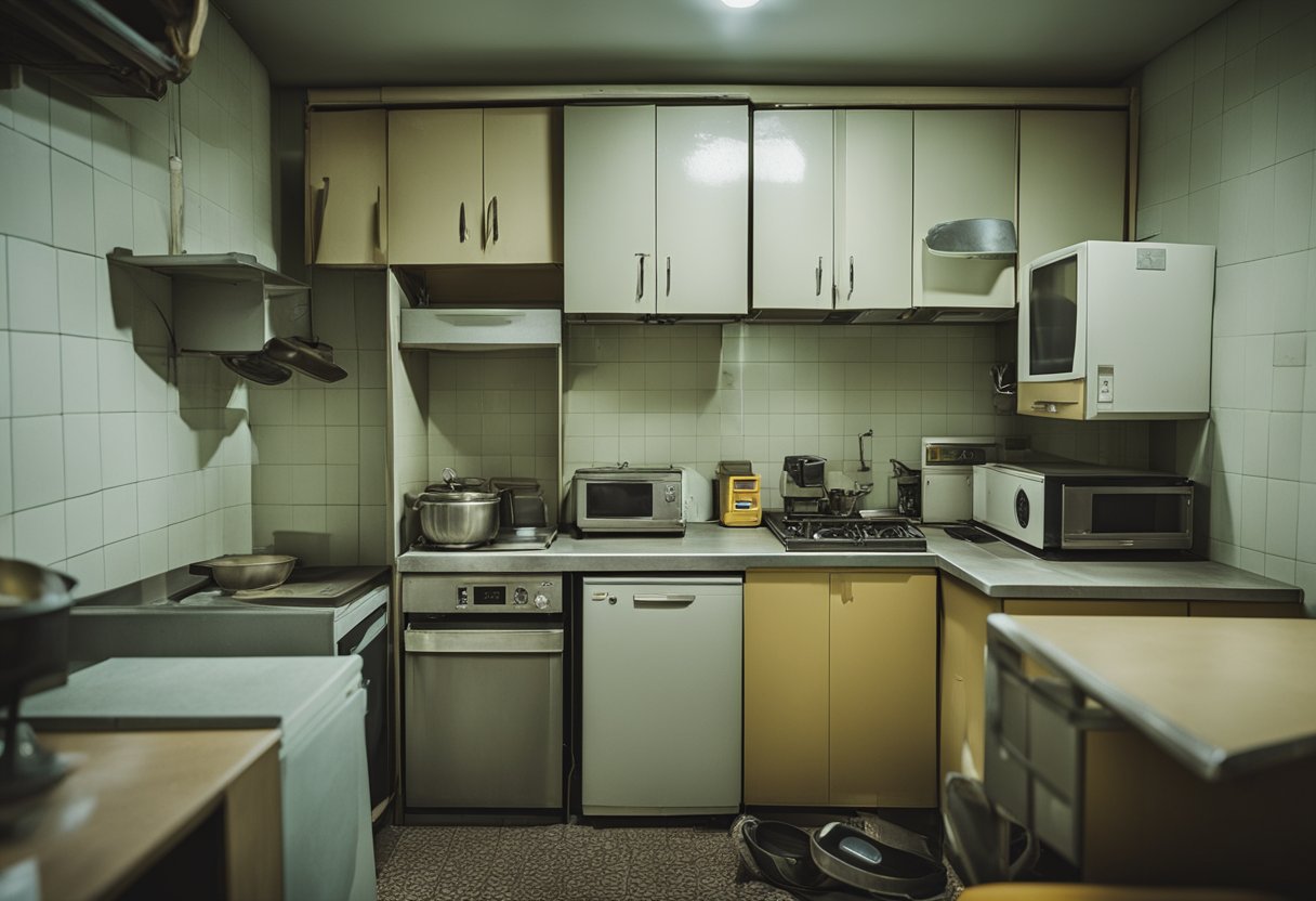 A cluttered 4-room HDB flat, with outdated fixtures and worn-out furniture. Walls are dull and in need of fresh paint. The kitchen and bathrooms are cramped and in need of modernization