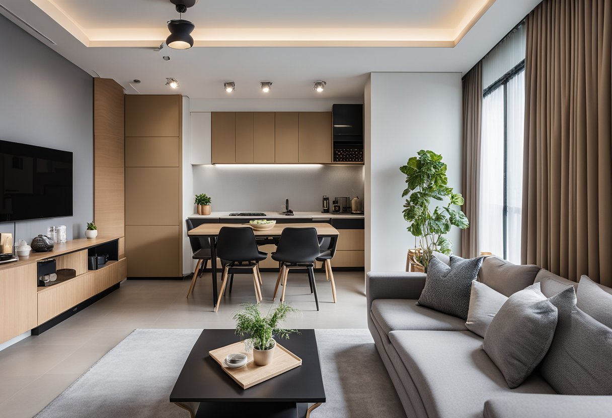 A spacious 4-room HDB resale flat with modern renovation ideas, featuring an open-concept kitchen, sleek built-in storage, and stylish furniture
